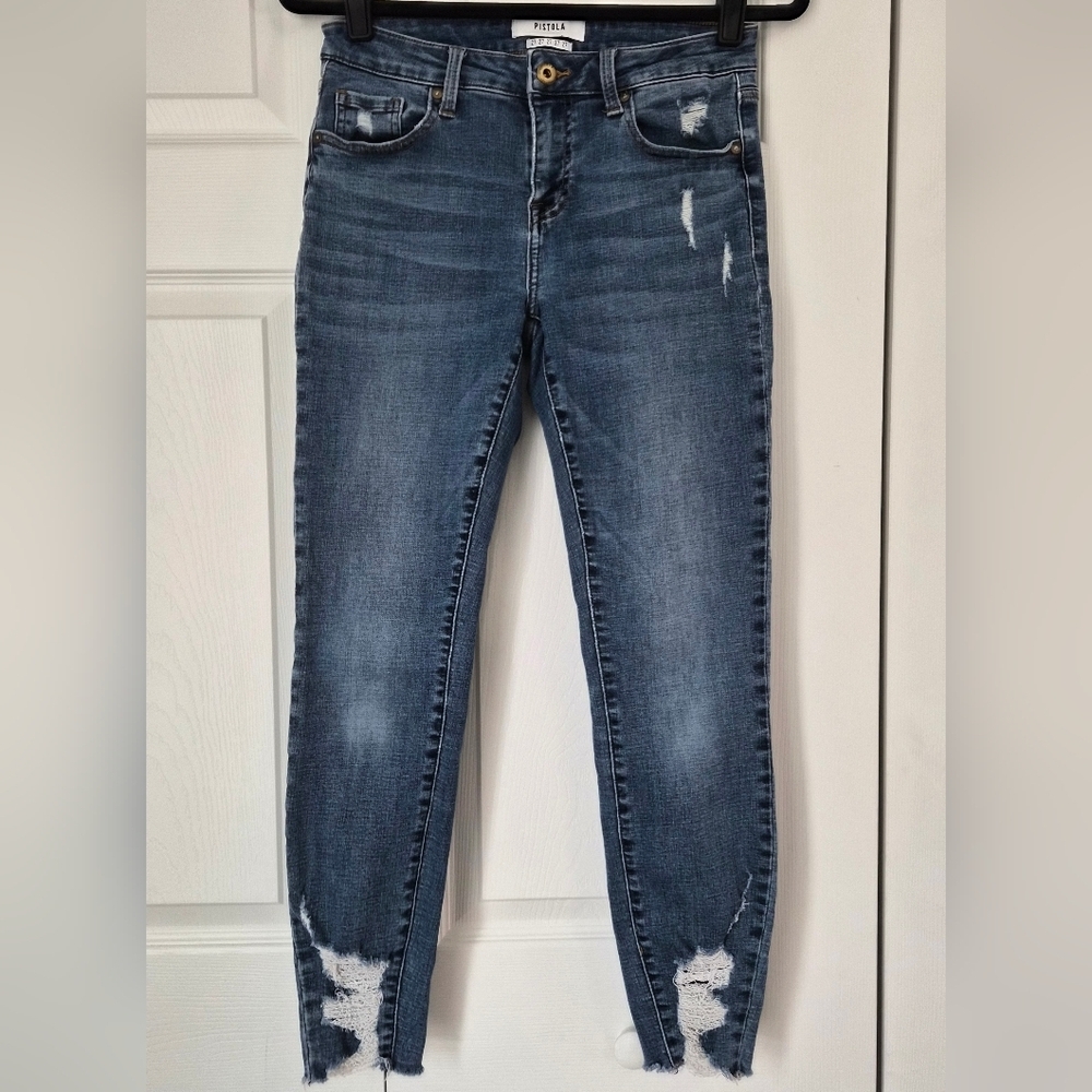 Pistola Distressed Skinny Jeans Size 27 High Rise Raw Hem Medium Wash